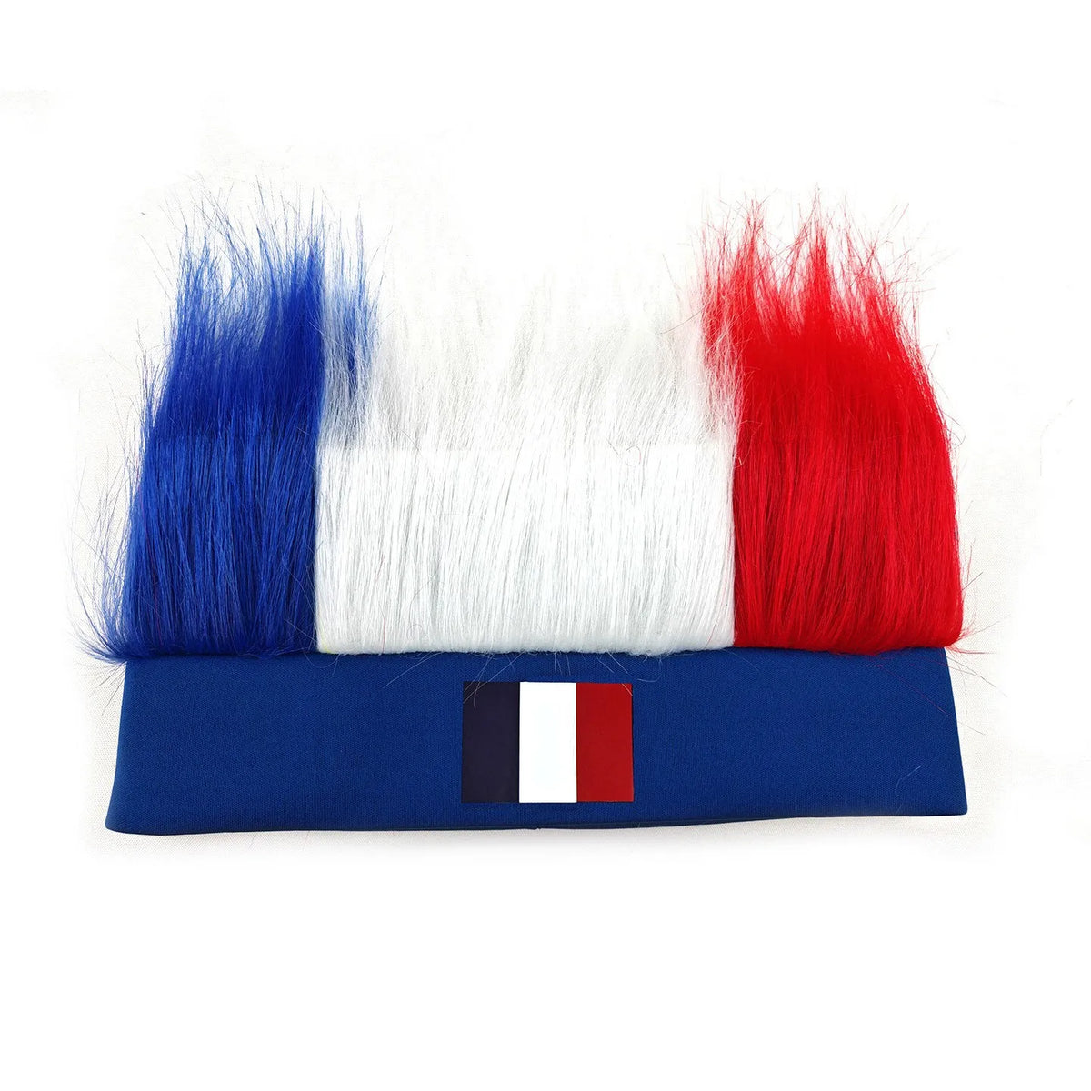 A headband featuring faux fur in the colors of the French flag: blue, white, and red.