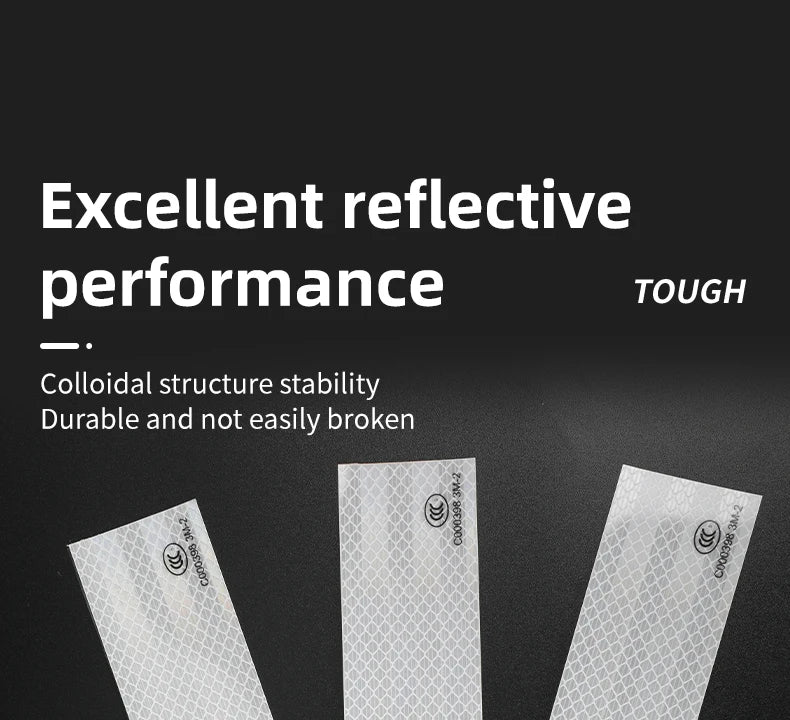Close-up of white reflective decals showing excellent performance and durable colloidal structure stability.