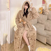 Women's Leopard Print Hooded Flannel Bathrobe