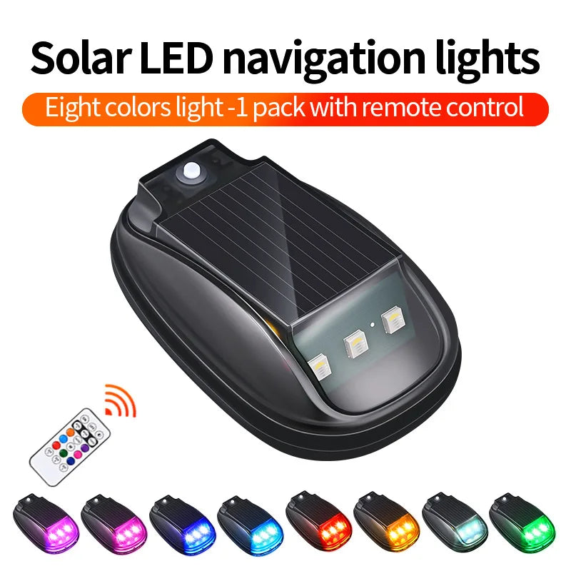 Eight-color solar LED navigation lights in a single pack with a remote control and multiple individual lights