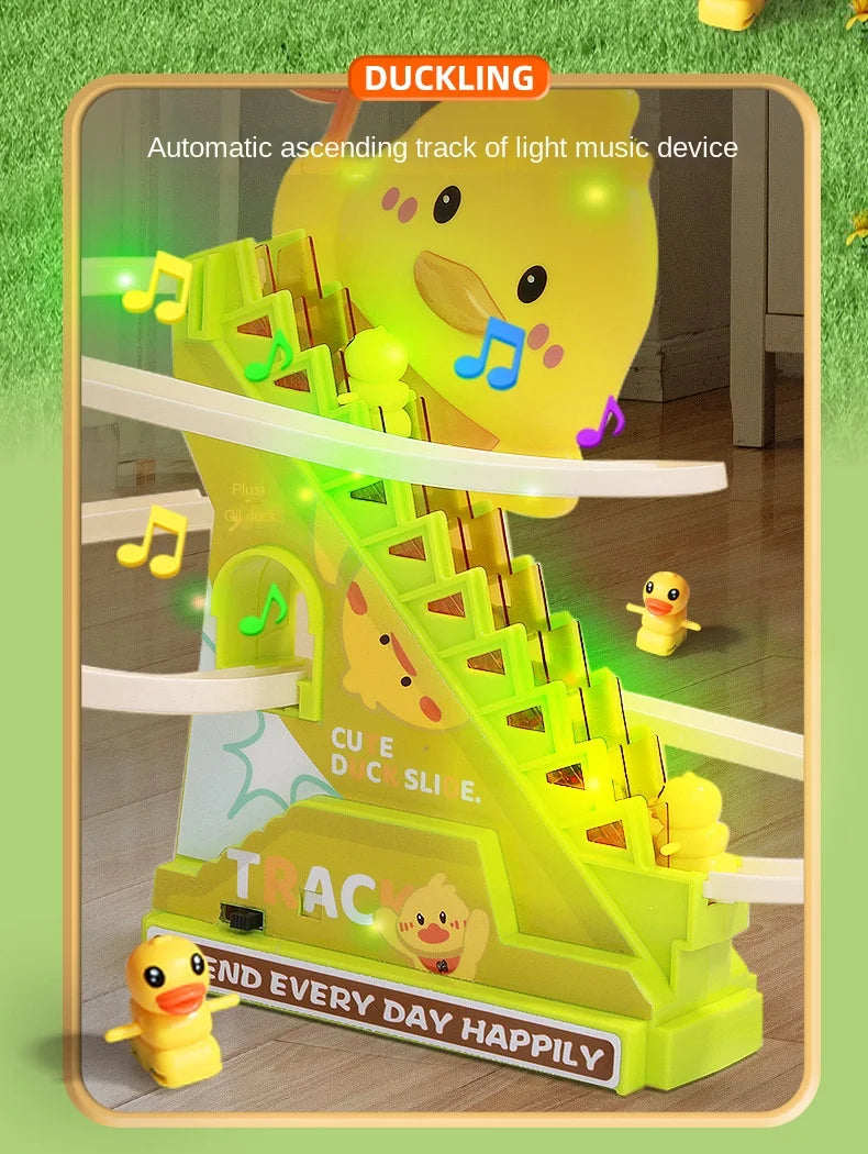 A yellow duck toy designed as an automatic ascending track for light music and climbing.