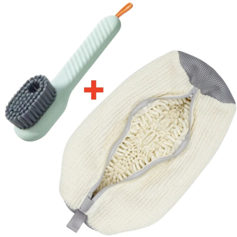 A white shoe washing machine bag with a gray zipper and a soft bristled cleaning brush set.