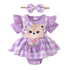 Baby Girl Plaid Romper Set with Bear Patch and Bow Headband