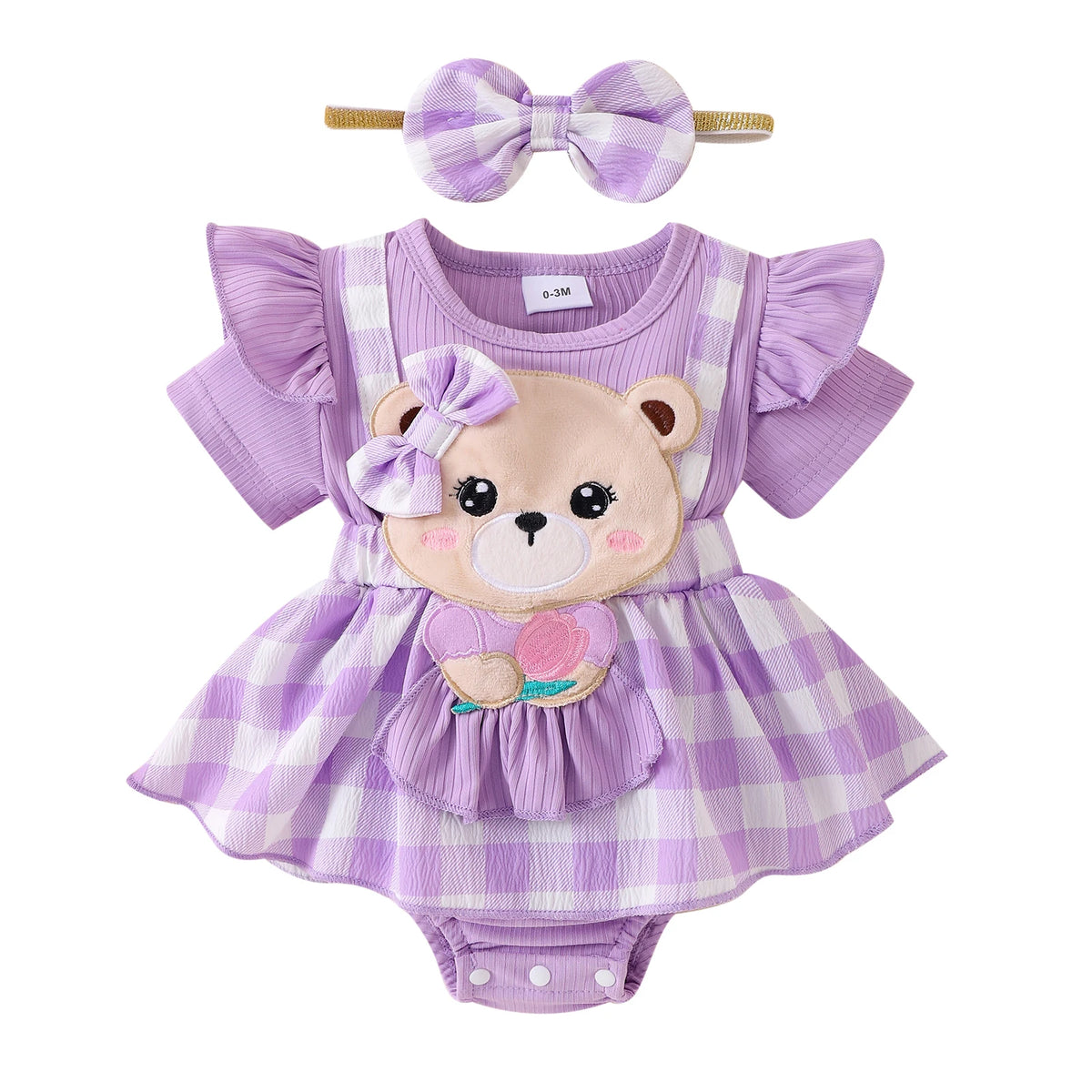 Baby Girl Plaid Romper Set with Bear Patch and Bow Headband