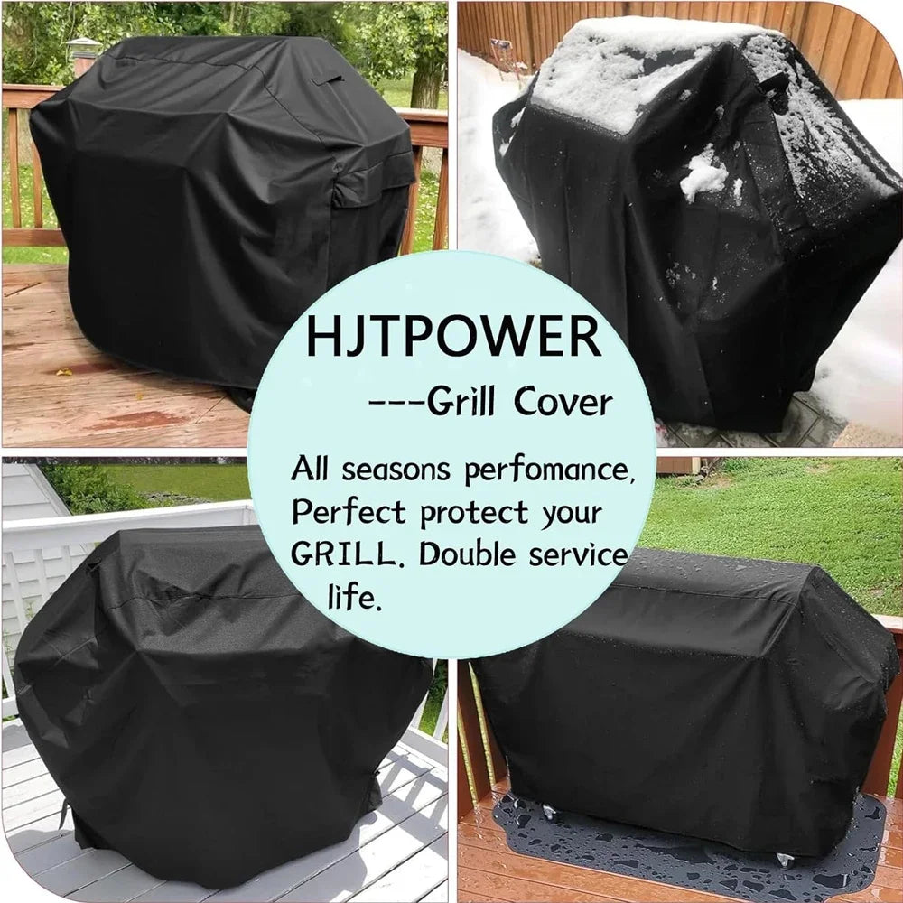 Black universal heavy-duty waterproof grill cover shown in various angles protecting a BBQ grill.