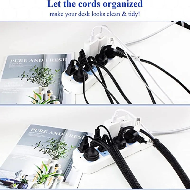 White braided cable sleeve with multiple black headphones and cables organized on a desk.