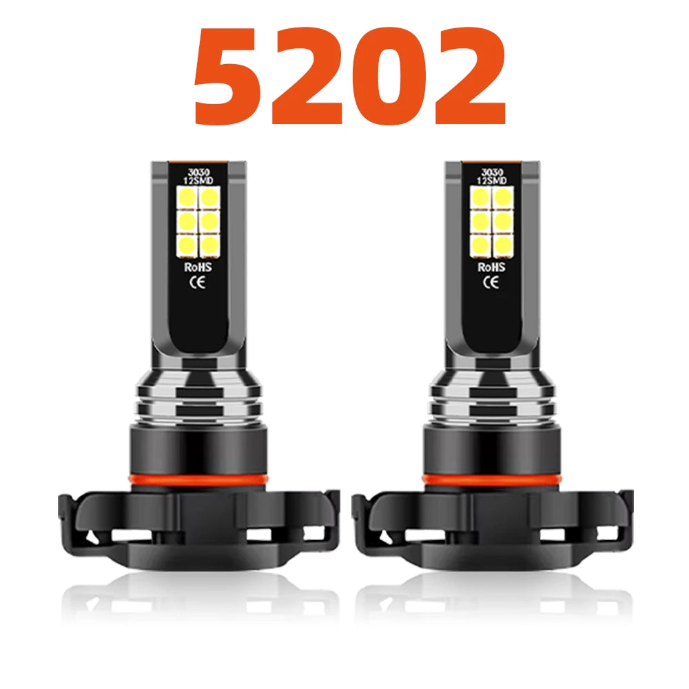 A pair of LED headlight bulbs with a 5202 designation, featuring yellow light and RoHS/CE certification.