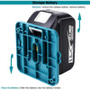 A blue wall-mount battery holder for an 18V lithium-ion battery, shown with instructions.