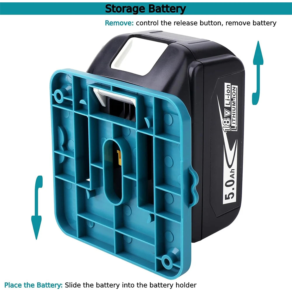 A blue wall-mount battery holder for an 18V lithium-ion battery, shown with instructions.