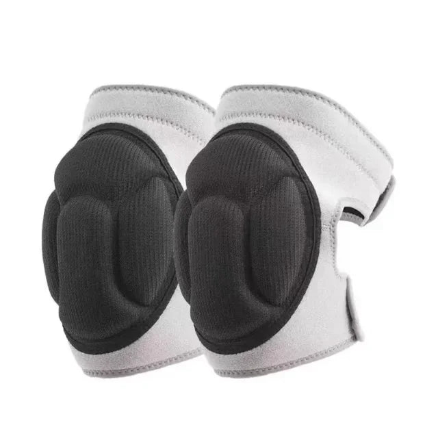 Pair of thick cushioned knee pads with gray and black padding for gardening, work, or sports.
