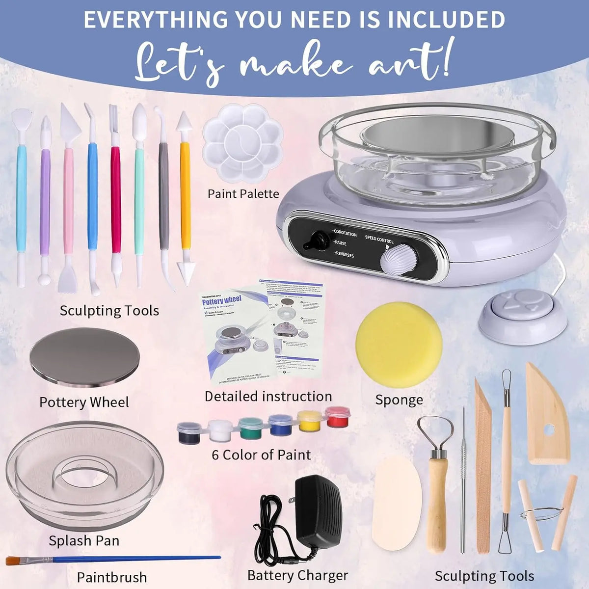 A collection of pottery tools including a wheel, brushes, spatulas, and paint palette for making art.