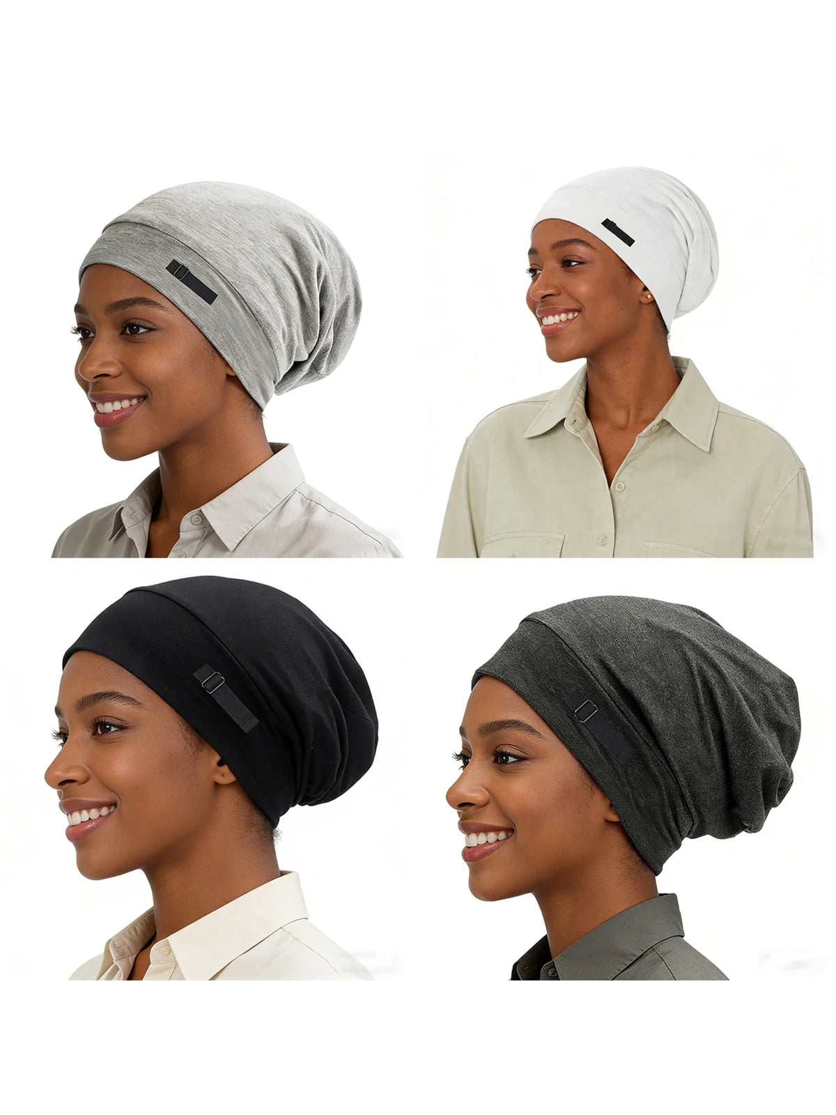 A collection of silk-like night caps in gray and black shown on models.
