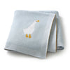 Light blue soft cotton baby swaddle blanket featuring a white cartoon duck print.