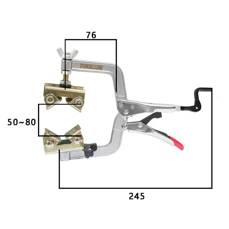 A pair of heavy-duty welding pipe clamp pliers with a long jaw and a smaller gripping section, shown against a white backgrou