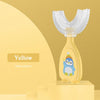 Yellow penguin shaped U-shaped silicone toothbrush for kids displayed on a stand.