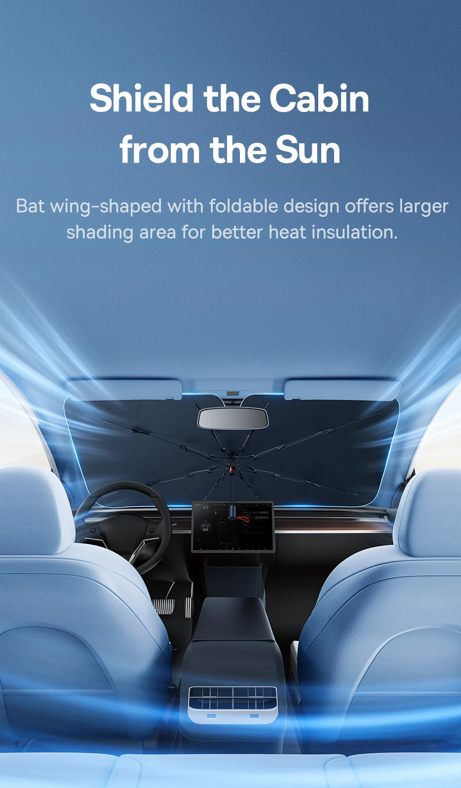 Interior view of a car showing a bat wing-shaped sun shade deployed on the windshield.