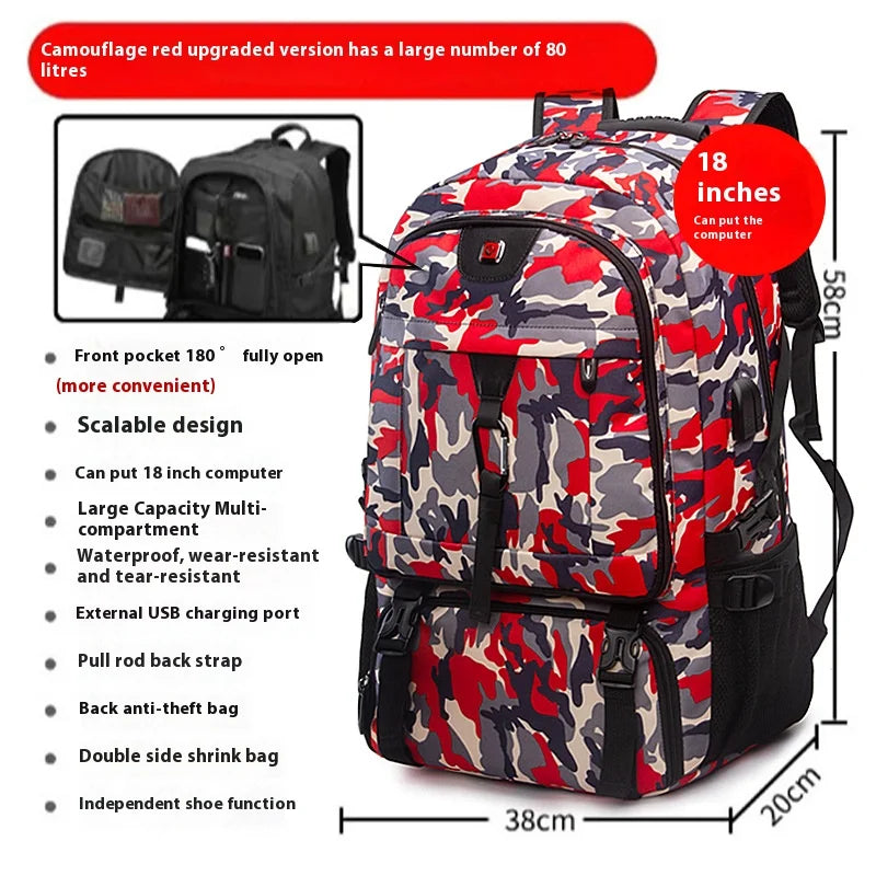 Red camouflage upgraded travel backpack with a laptop sleeve and shoe compartment