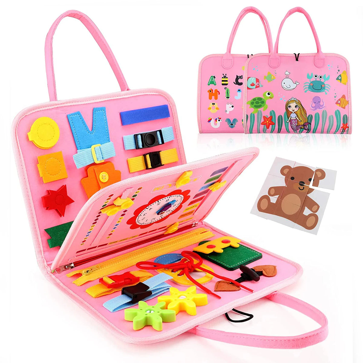A pink Montessori busy board for toddlers featuring various colorful manipulative items and learning tools.