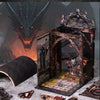 A DIY wooden book nook kit featuring a dragon treasure labyrinth bookshelf decor with various wooden pieces.