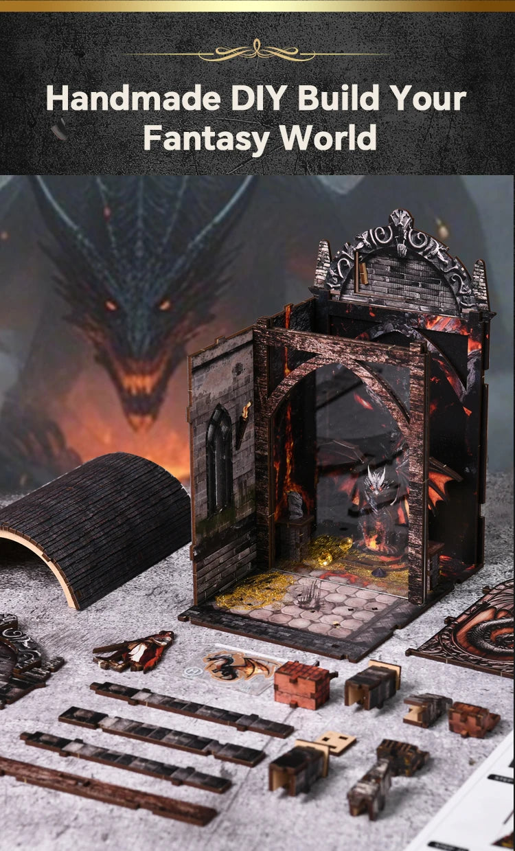 A DIY wooden book nook kit featuring a dragon treasure labyrinth bookshelf decor with various wooden pieces.