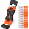An orange and black glass and hob scraper tool with replacement blades and a rubber grip.