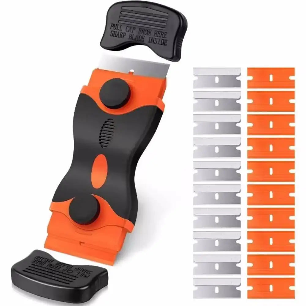 An orange and black glass and hob scraper tool with replacement blades and a rubber grip.