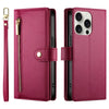 A magenta phone wallet featuring a zipper closure and card slots, shown in a vertical view.