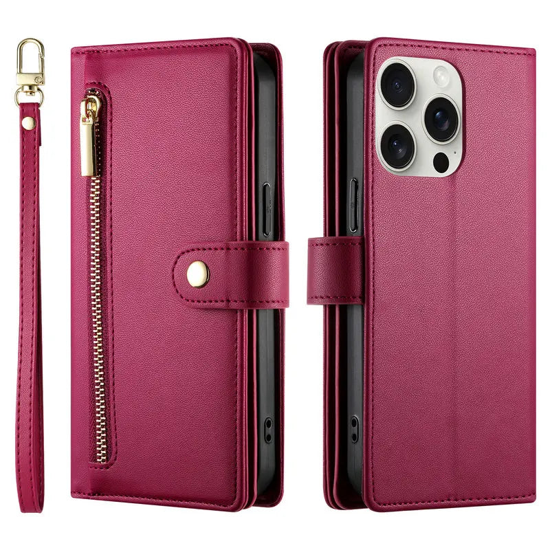 A magenta phone wallet featuring a zipper closure and card slots, shown in a vertical view.