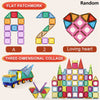 Magnetic building tiles in flat patchwork and three-dimensional collage styles forming letters, numbers, and a heart.