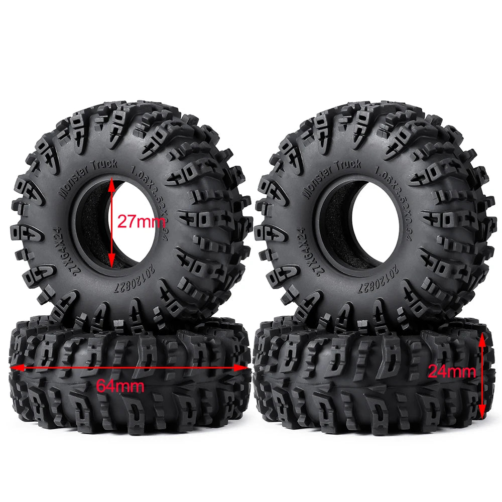 A pair of black mud terrain wheels and tires for RC crawlers, showing the tire and stacked tires.