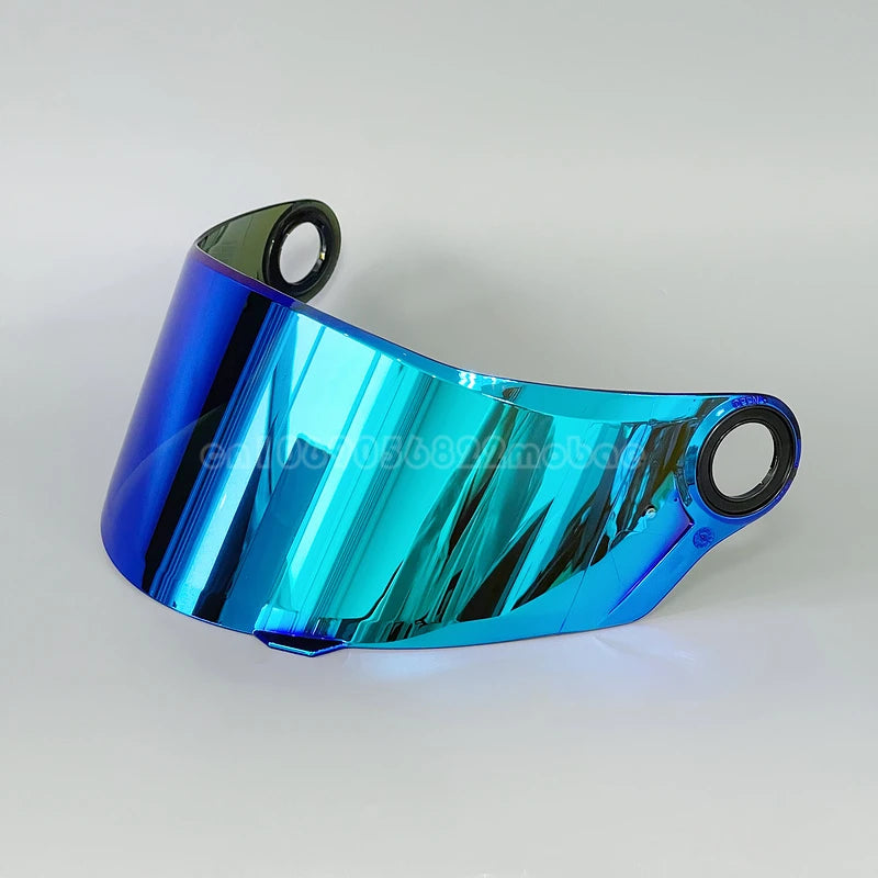 A bright blue motorcycle helmet visor with a curved shape and black adjustment straps.