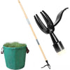 A black weed puller with a wooden handle and a green planter is shown.