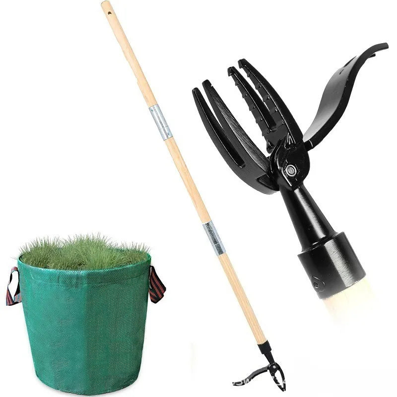 A black weed puller with a wooden handle and a green planter is shown.