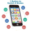 A smartphone displaying an interface with various learning modes, surrounded by icons representing different modes like Drum,