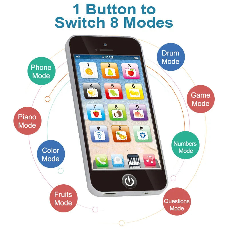 A smartphone displaying an interface with various learning modes, surrounded by icons representing different modes like Drum,