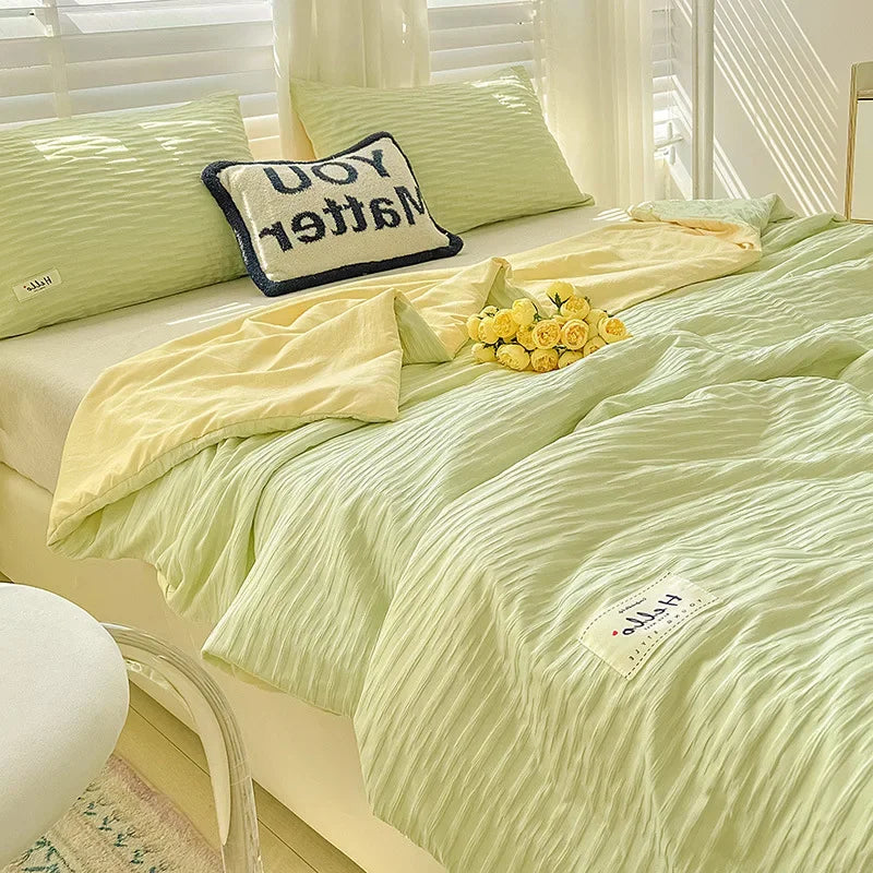Lightweight Washed Cotton Quilt Set – Breathable Summer Bedding with Printed Pattern