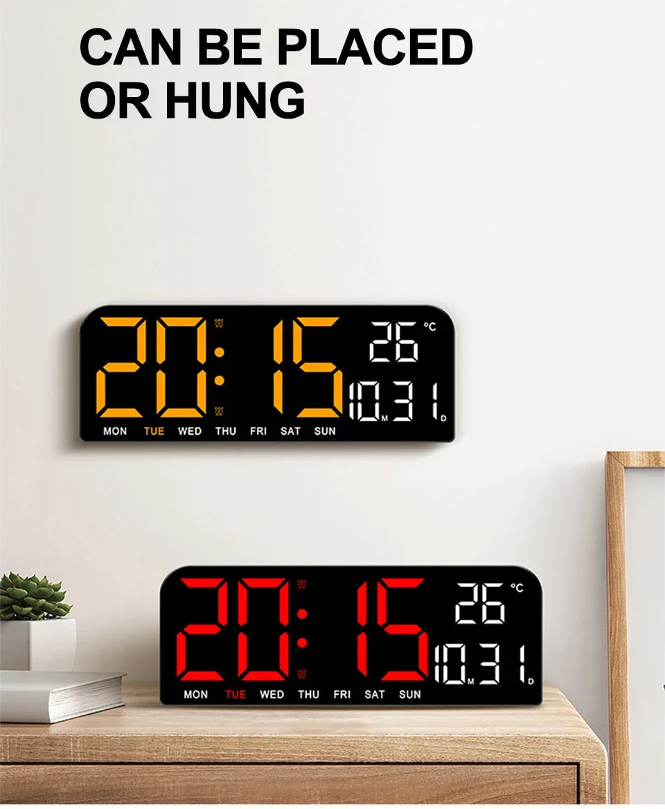 A black LED digital wall clock displaying the time 20:15, temperature 26°C, and day of the week.