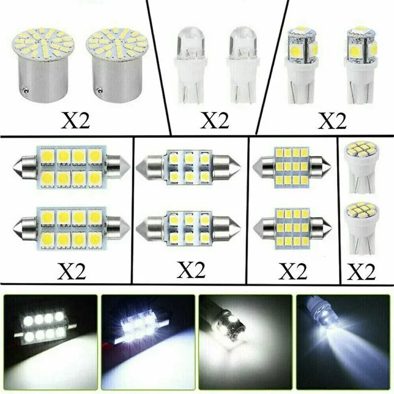 A set of car interior LED bulbs including T10 and festoon dome lights for various applications.