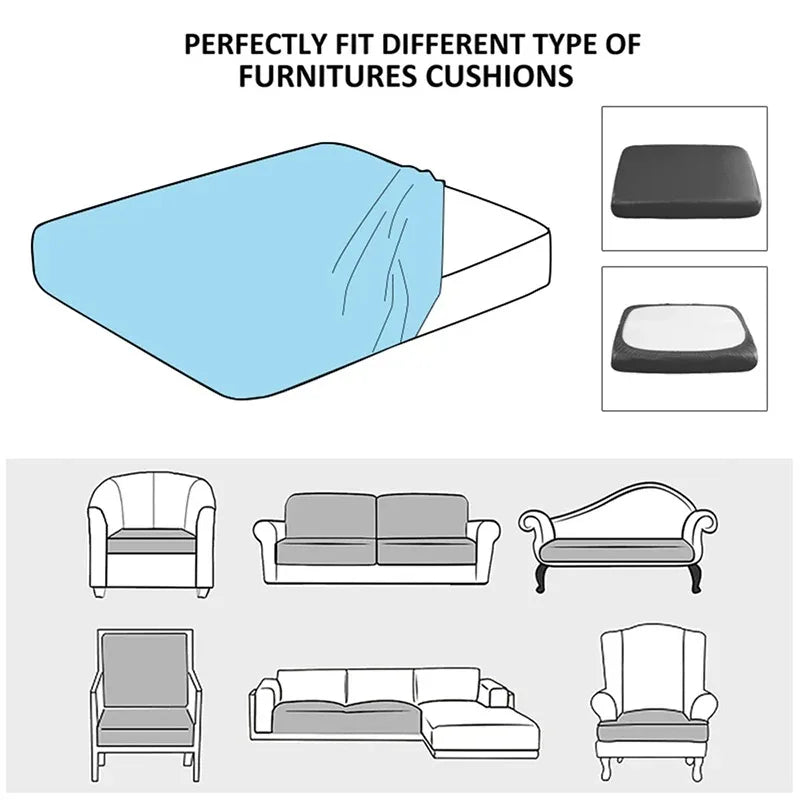 A set of furniture cushions showing different types and sizes, including a blue cushion and various seat covers.