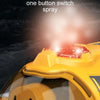 A yellow remote control spray boat with a transparent body and red LED lights spraying liquid.