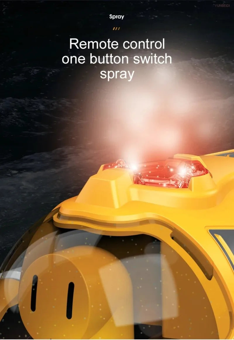 A yellow remote control spray boat with a transparent body and red LED lights spraying liquid.