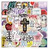 A collection of faith bible verse stickers featuring phrases like I love Jesus and God is with me