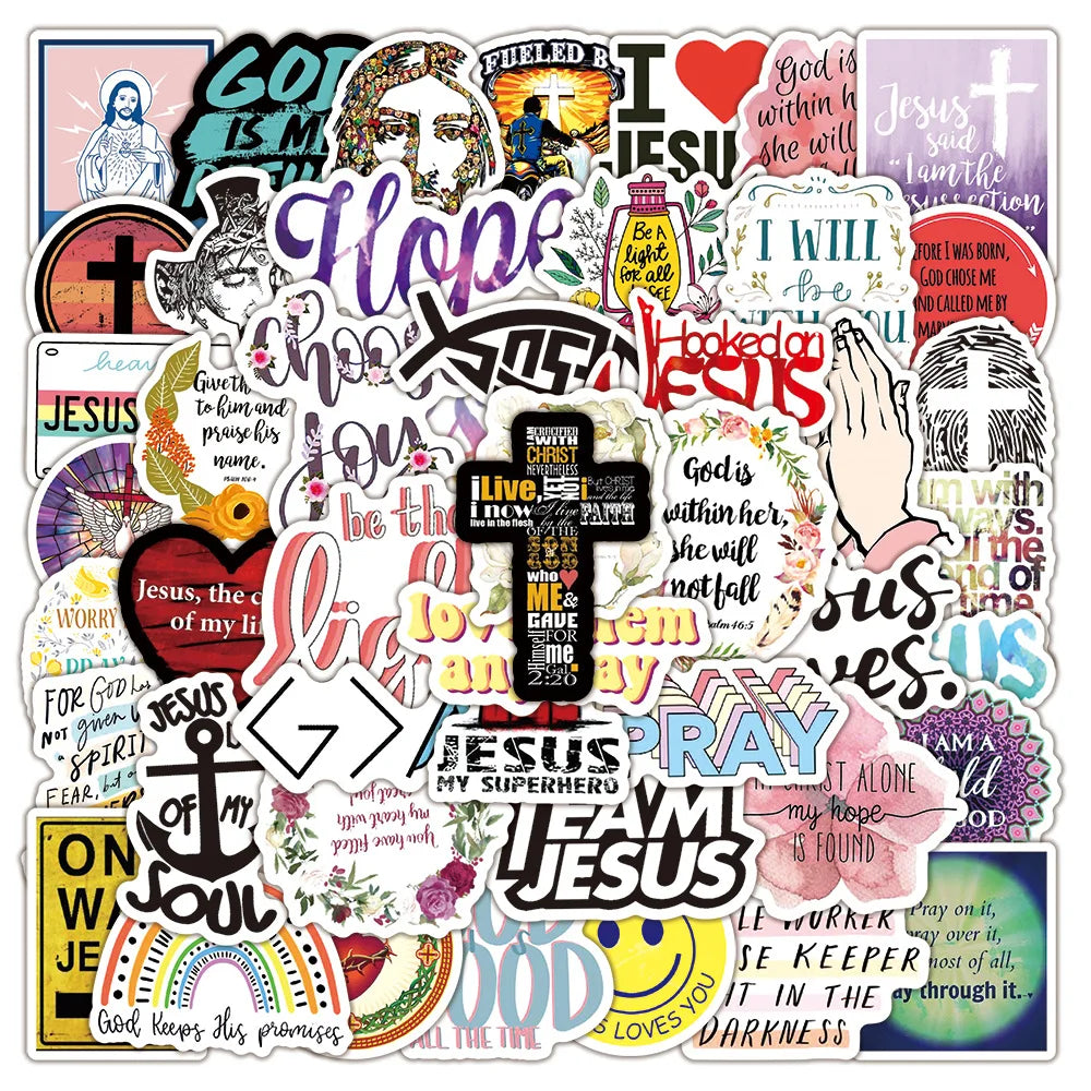 A collection of faith bible verse stickers featuring phrases like I love Jesus and God is with me