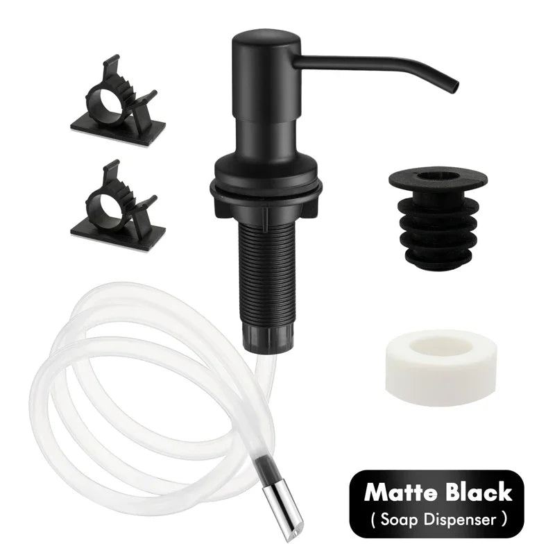 Black stainless steel liquid soap dispenser with an extension tube and foam disc