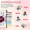A multi-functional cosmetic bag featuring various tools like makeup brushes and stationery items.