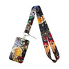 A black and white patterned lanyard featuring celestial sun and moon designs for an ID badge holder.