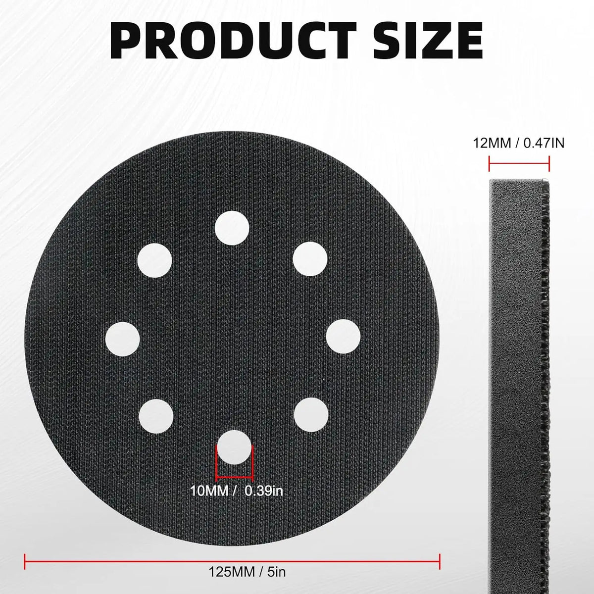 Black foam sanding pads with various sizes and dimensions shown for random orbit sanders