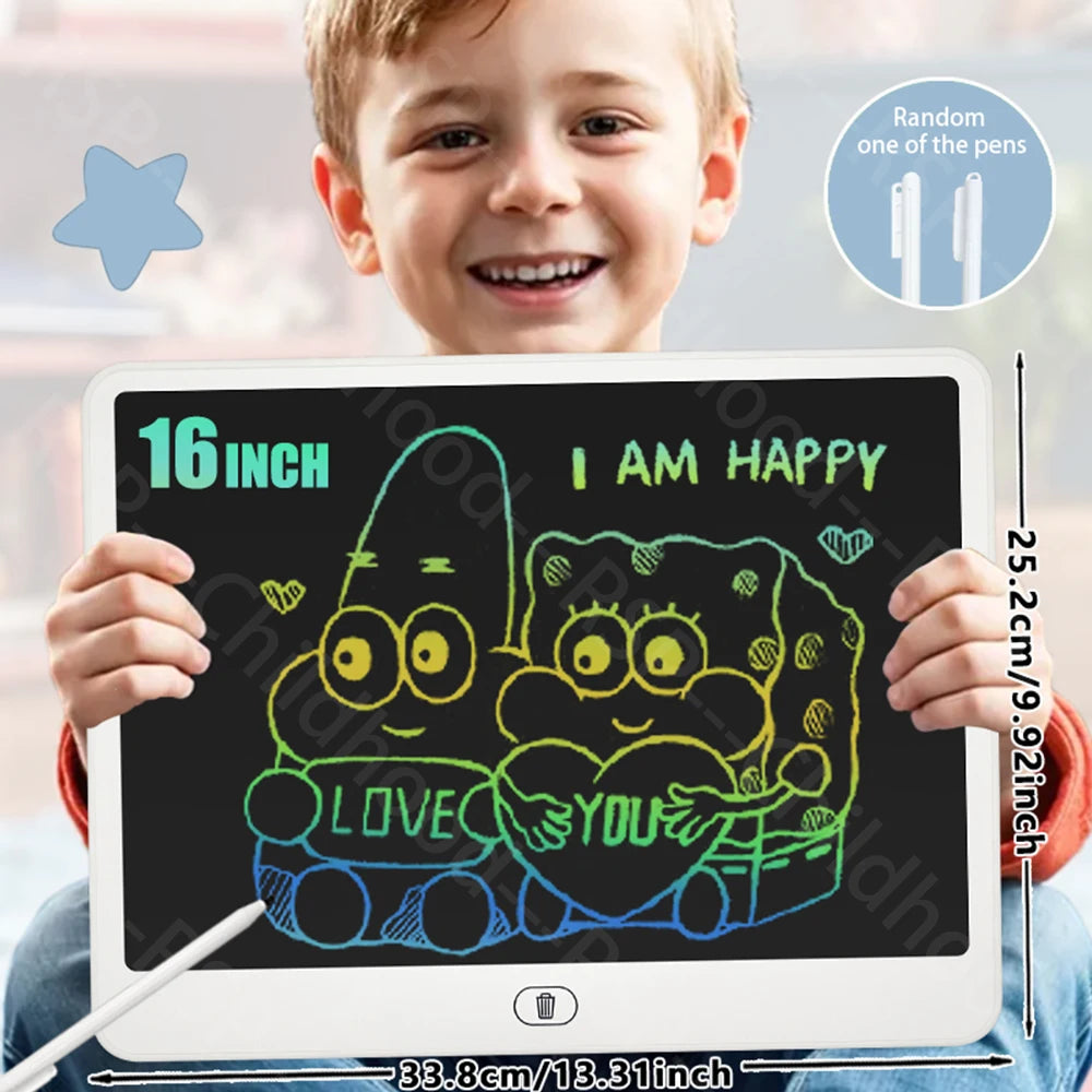 A smiling young boy holds a digital writing tablet displaying a colorful doodle of two hugging monsters.
