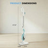 A white steam mop and handheld cleaner with a teal accent is shown standing on a wooden floor.