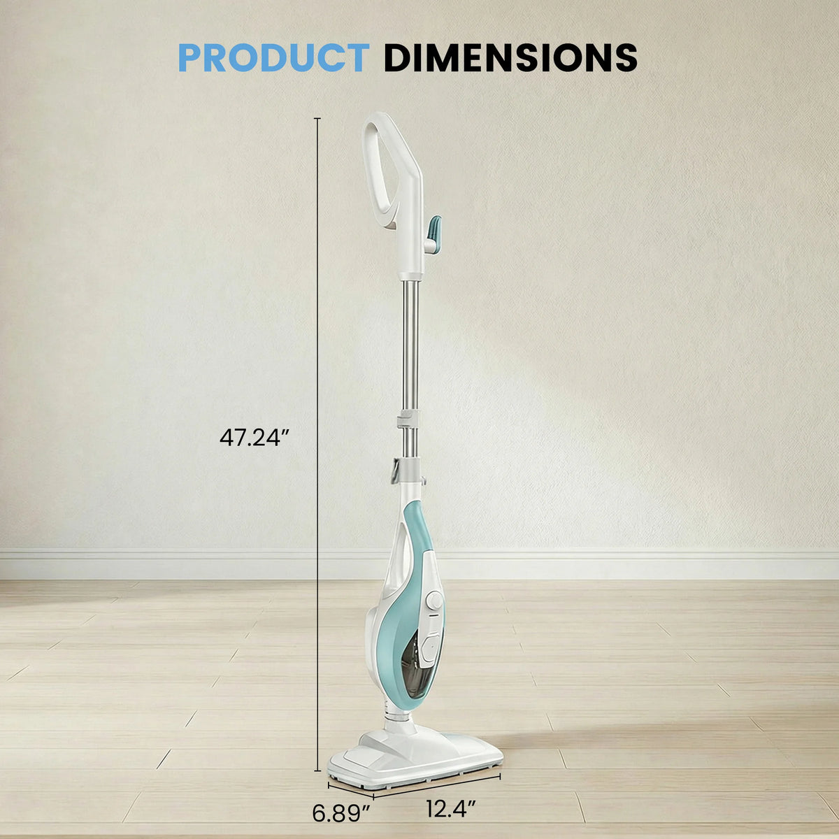A white steam mop and handheld cleaner with a teal accent is shown standing on a wooden floor.